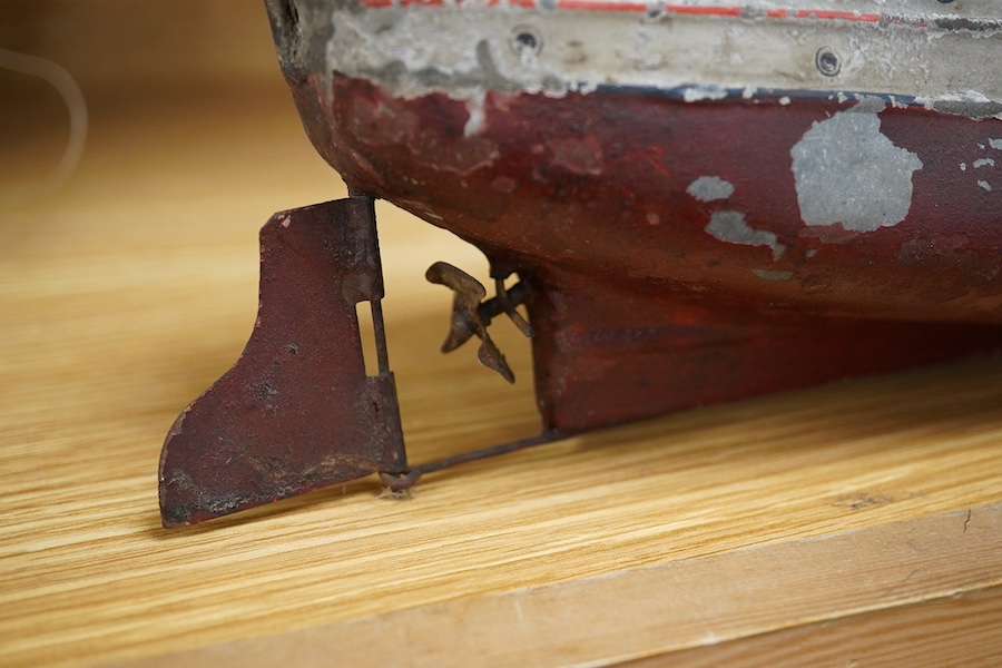 An Ernst Plank for Gamages Ltd clockwork tinplate gun-boat, 40cm in length. Condition - poor.